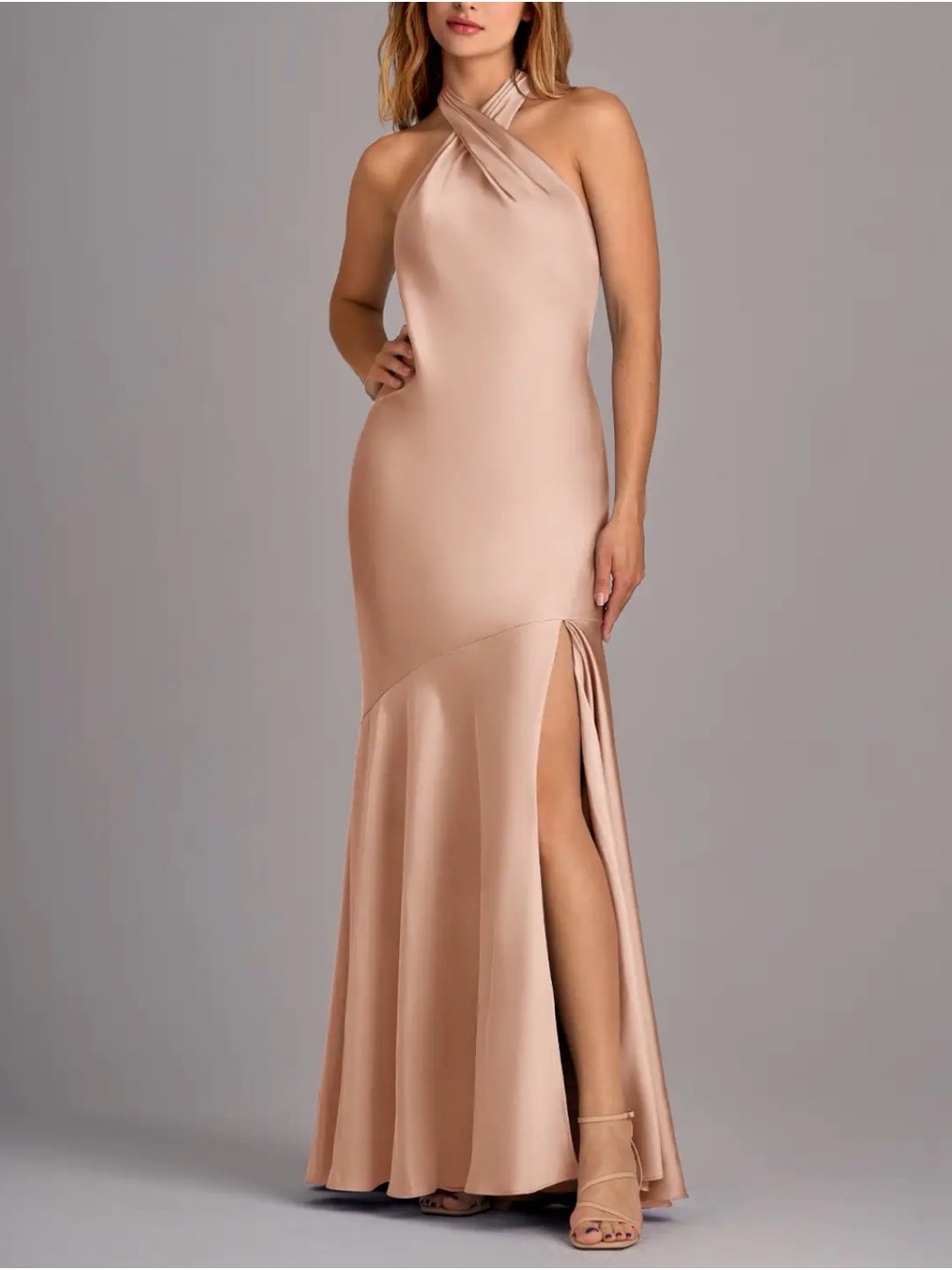 NWT Azazie Rose Gold Mermaid Pleated Stretch Satin Dress - Size A00